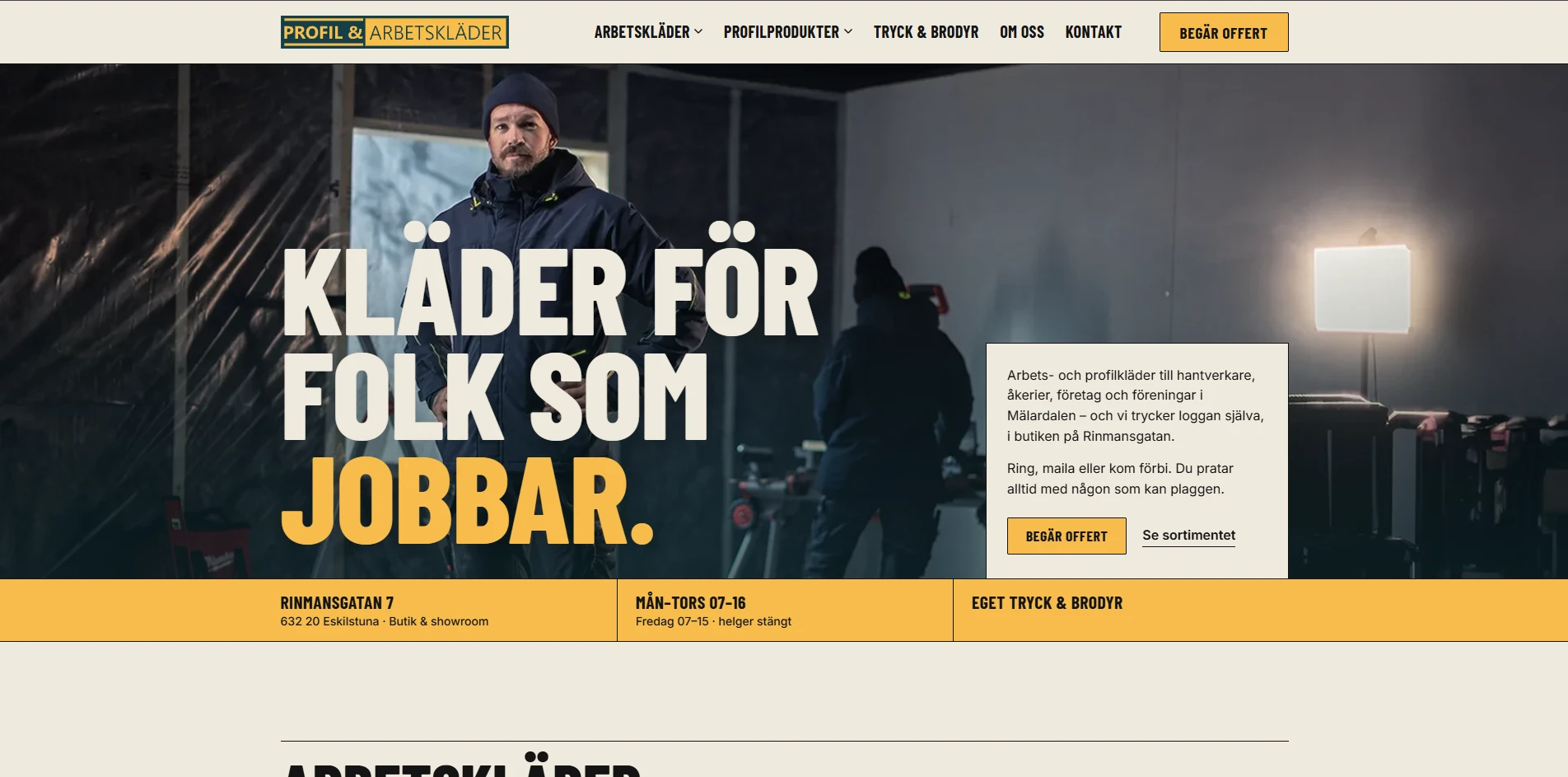Startsidan för Profil & Arbetskläders nya hemsida
